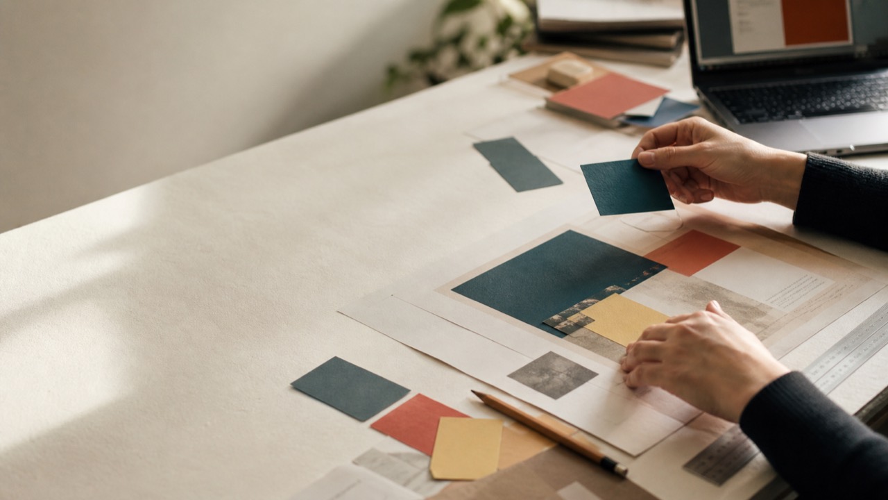 Mains comparant une planche imprimée, des échantillons de couleur et des annotations de mise en page sur une table claire