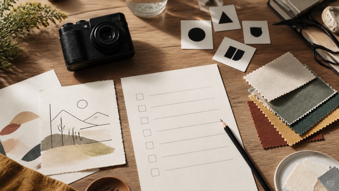 Photographie, icône et dessin original réunis comme trois options visuelles sur une table de travail