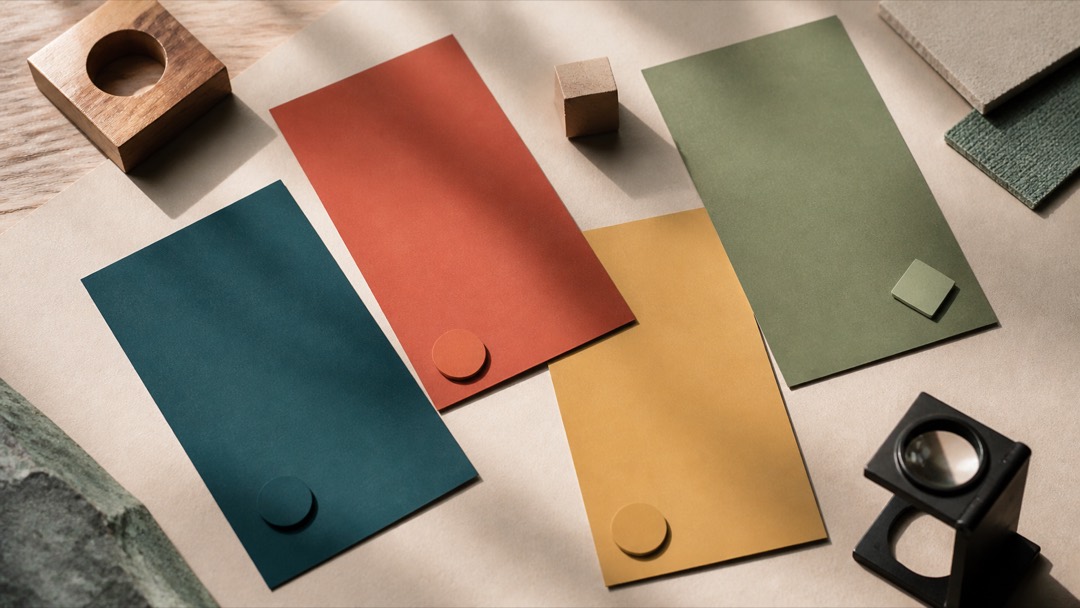 Nuanciers mats vert profond, corail et jaune comparés sur un papier chaud sous une lumière latérale