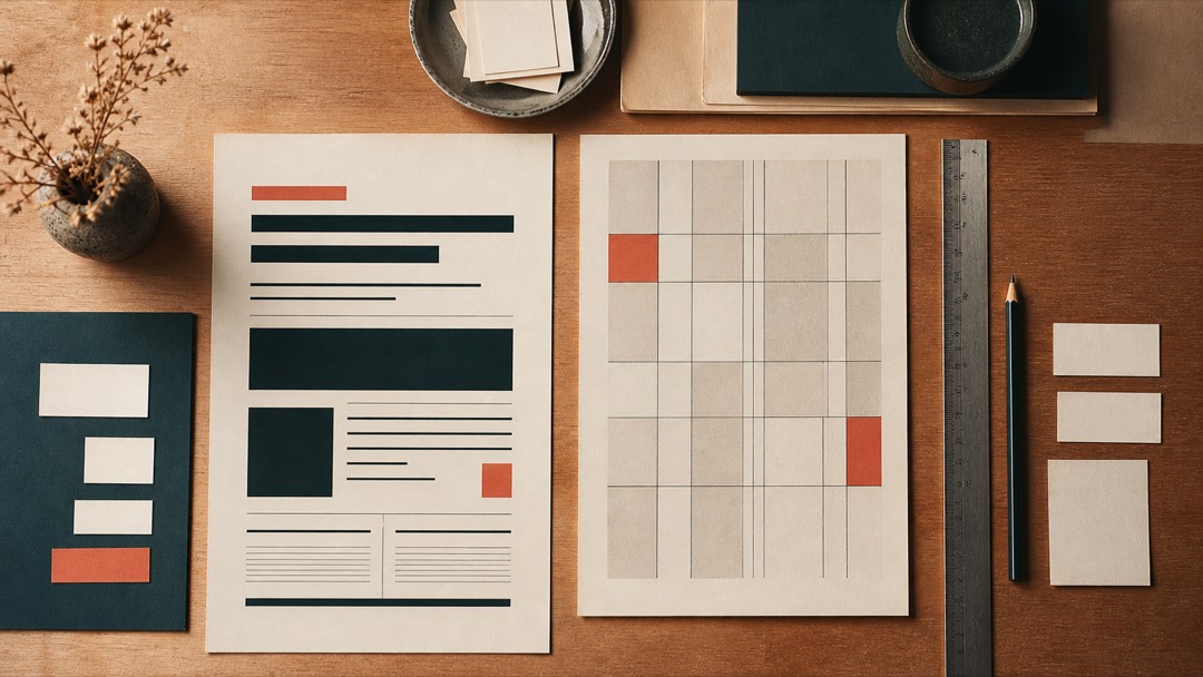 Pages imprimées montrant des niveaux de titres et de texte posées près d'une règle typographique